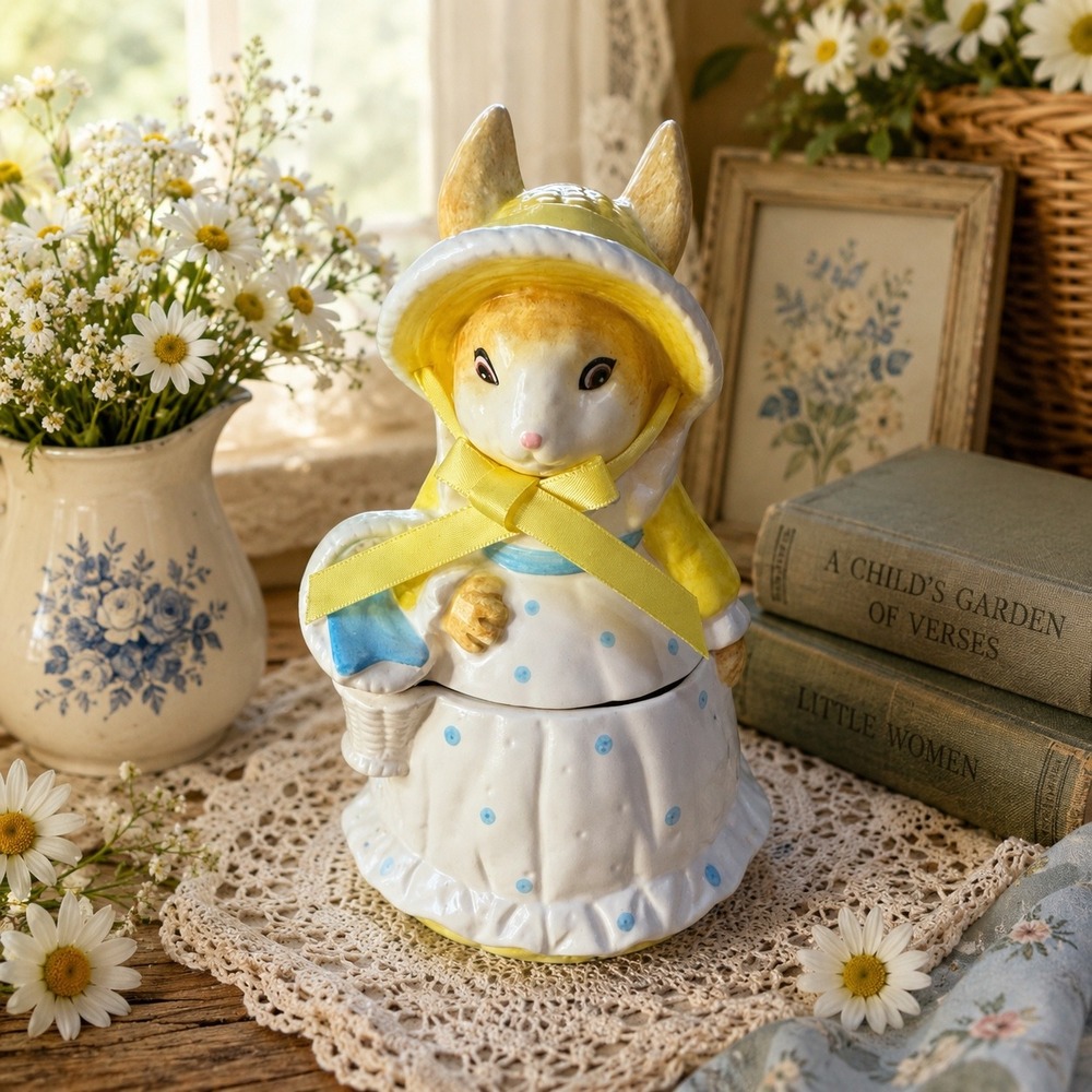 Vintage Ceramic Bunny Rabbit Cookie Jar Trinket Box Yellow Bonnet cottage core